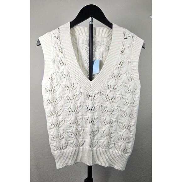 LOFT Sweaters - NWT LOFT Petite XS White Pointelle Knit Sweater‎ Vest V-Neck Cotton Preppy Boho